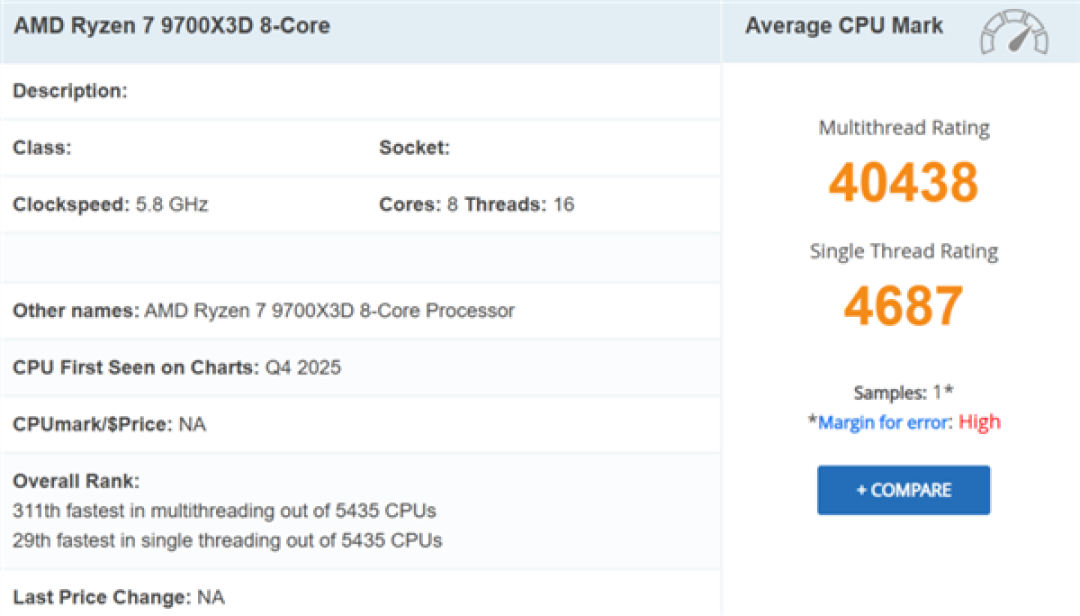 AMD Zen5 X3D处理器新品+1！八核锐龙7 9700X3D现身