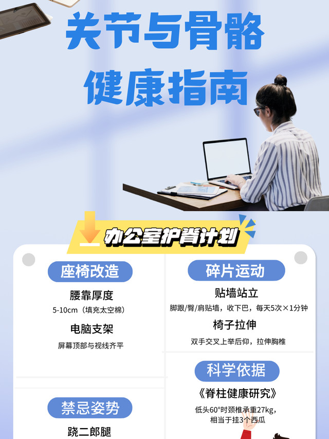关节与骨骼健康 Day3办公室护脊计划  💺 久坐伤脊椎！电脑支架+腰靠+每小时站立1分钟  正确坐姿很重要，拒绝跷二郎腿  来分享你的护脊小技巧吧！  #办公室健康# #护脊指南# #健康小课堂# 