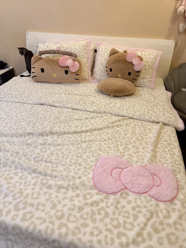 野兽派hellokitty四件套
两款造型抱枕都很喜欢！
收音机买的是最大号
抱枕我自留了一个翻盖小手机 带毯子的抱枕买了一个送诡秘
这个四件套我觉得不是床笠款就完美了，床笠一个人换真的要累死
#he