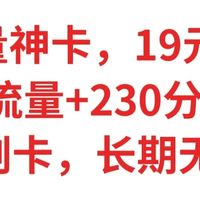 流量神卡,19元/月,230G流量+230分钟通话,3张副卡,长期无低消