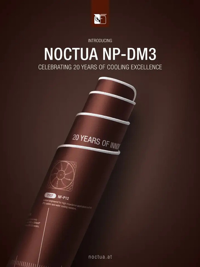 Noctua，对的就是以散热器/风扇出名的猫头鹰，为庆祝品牌成立 20 周年，最新推出 NP-DM3......桌面鼠标垫。这张鼠标垫的尺寸为 90*40cm，采用常见的布垫设计，以时间轴的形式将 2