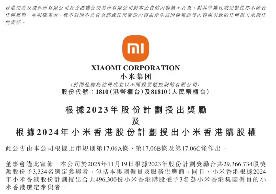 小米授予2937万股奖励员工与供应商,总价值约11.4亿港元
