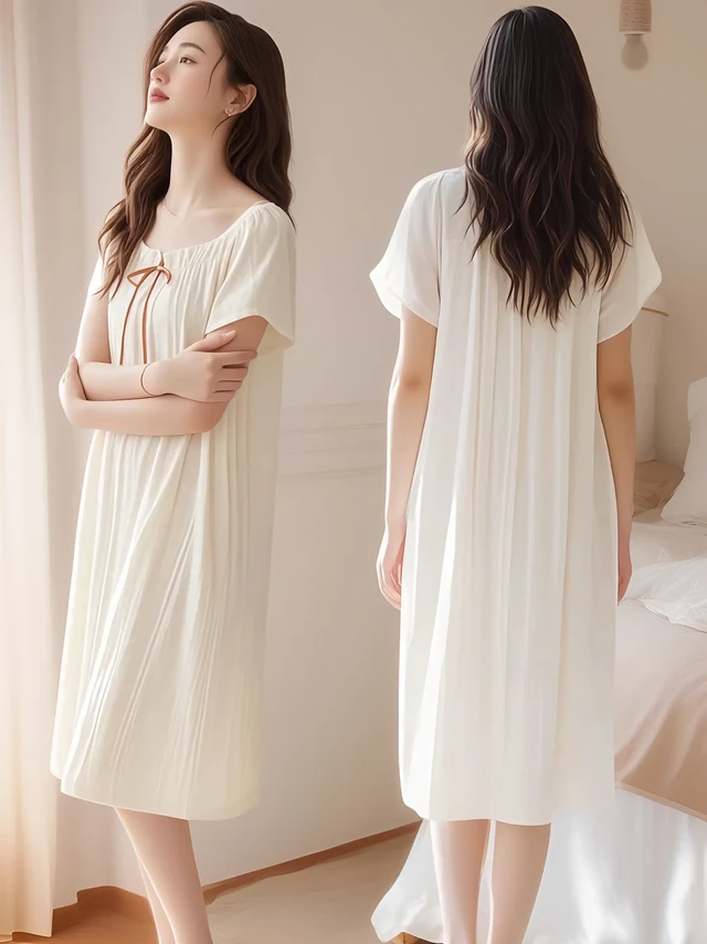 莫代尔家居短袖睡裙清凉来袭。夏日睡裙新宠!带胸垫设计，省去搭配烦恼，莫代尔材质软糯亲肤，薄款短袖长款超透气。甜美公主风，轻松演绎温柔优雅，让你居家每一刻都舒适又美丽，尽享夏日浪漫时光##睡衣女 #睡裙