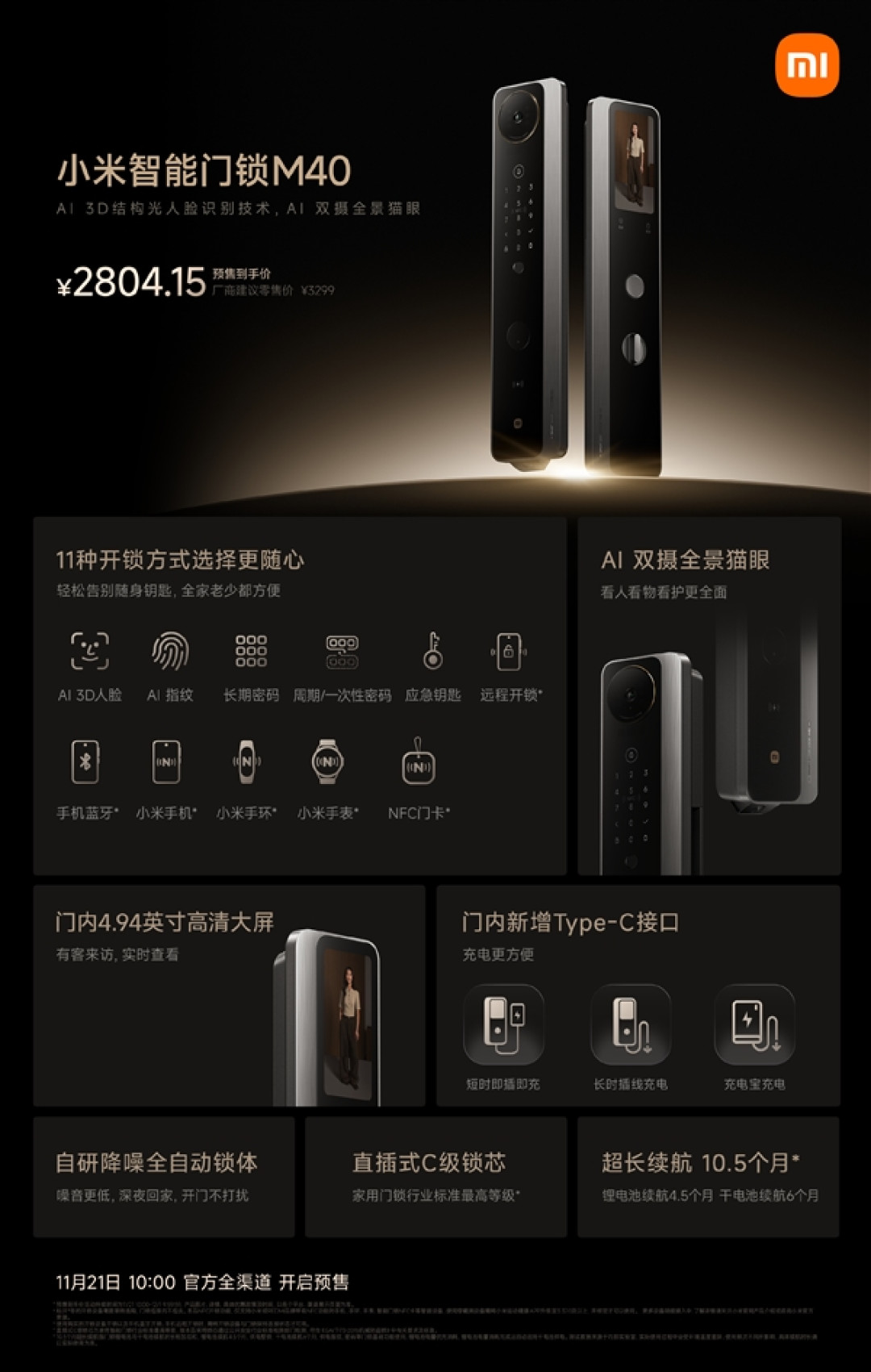 插线长时供电+11种开锁方式!小米智能门锁M40发布:到手价2804.15元