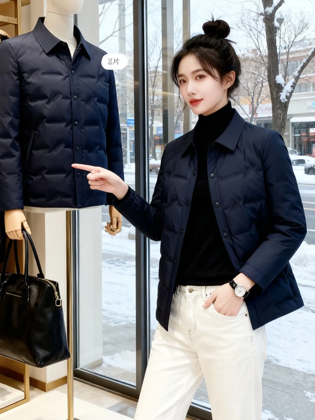Romon/罗蒙时尚爆款羽绒服男士外套秋。#喜欢就关注我吧 秋冬的穿搭氛围感，藏在这件藏青衬衫款羽绒服里。
 
25岁的亚洲女孩扎着松垮丸子头，苹果脸衬得皮肤更显白皙——她穿这件衣身是菱格压纹的藏青羽