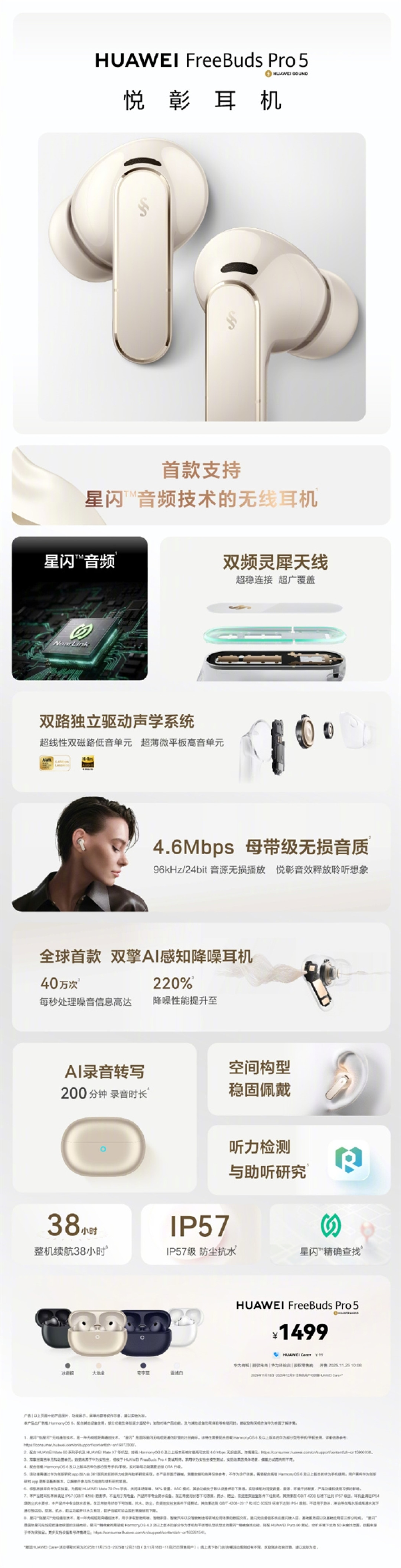 1499元!华为FreeBuds Pro 5发布:全球首款双擎AI感知降噪耳机