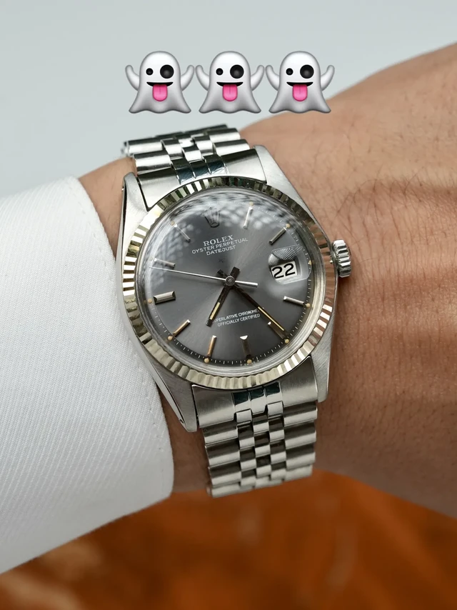 神秘的劳力士鬼灰盘日志｜Ghost古董。#Rolex 1601# 【鬼灰面】一枚劳力士Ghost Dial鬼灰日志/浅灰色表底白色字体/特定角度字体消失//36MM白金牙圈/五株表链毫不松垮上手服帖/