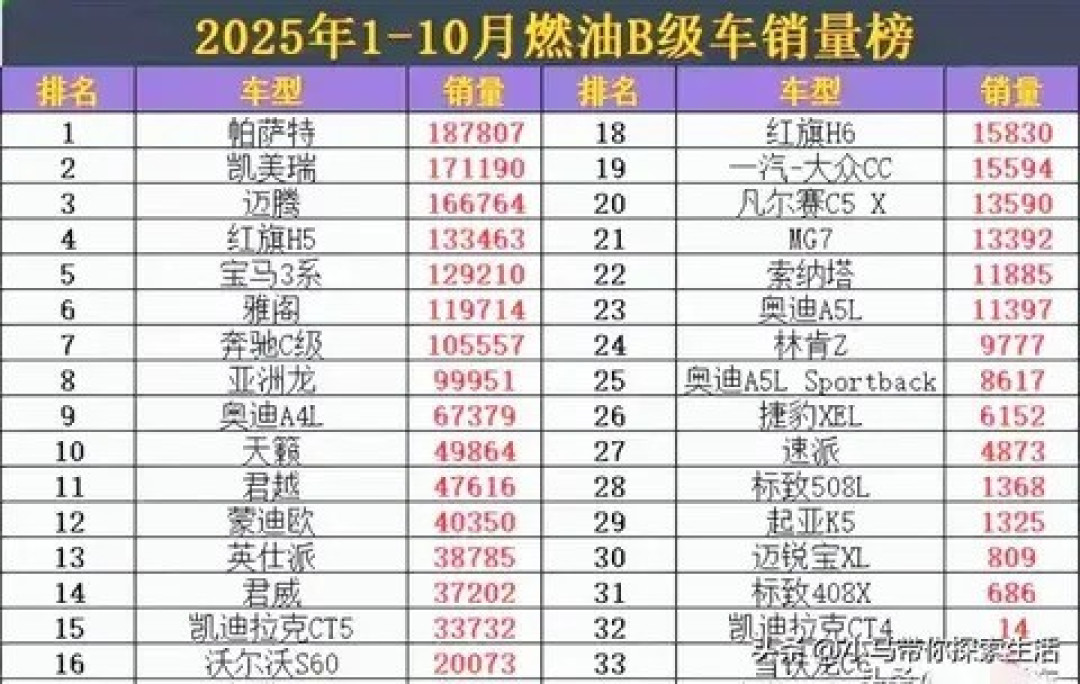 帕萨特登顶B级车销量榜首,新能源蚕食燃油市场