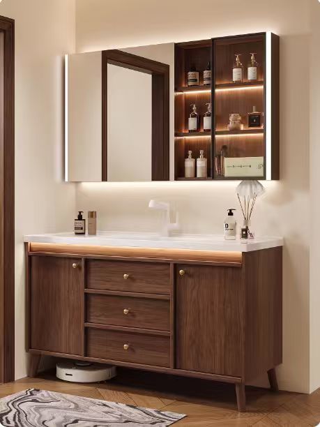 古风胡桃木陶瓷一体盆浴室柜