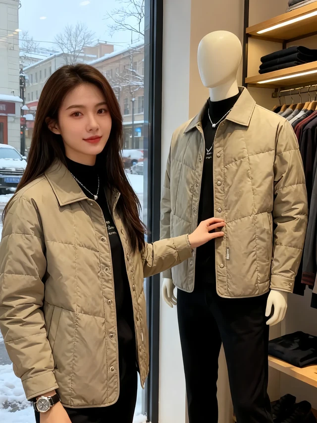 《雪天里的“轻暖铠甲”》进冬装店就被这件卡其色翻领棉服绊住脚——像把松松软软的云朵裹在身上，却轻得像没穿外套。 
雪粒子砸在玻璃上时，我正对着咖啡菜单犹豫，风裹着寒气往领子里钻，它却把温度牢牢锁在怀里