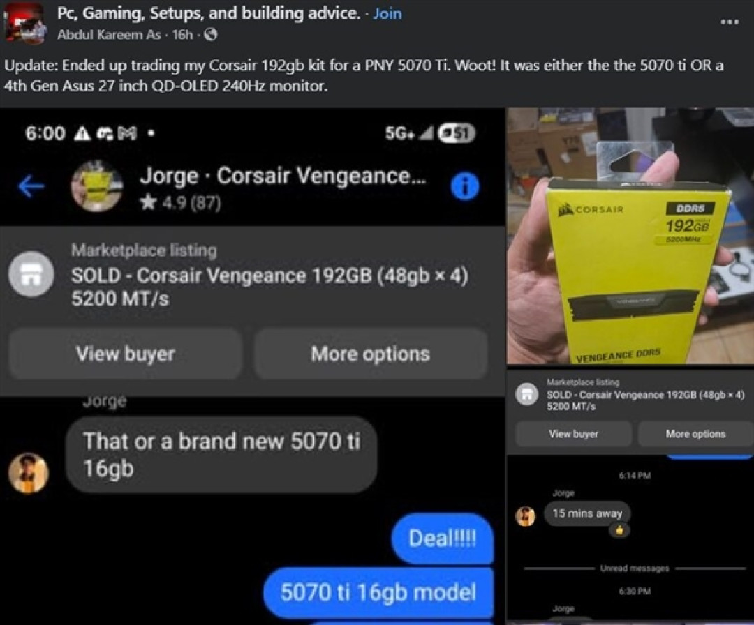 玩家用192GB DDR5换了张RTX 5070 Ti！亏了还是赚了