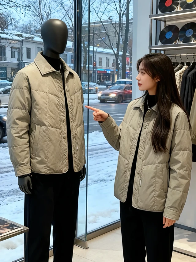 《雪天里的“轻暖铠甲”》进冬装店就被这件卡其色翻领棉服绊住脚—像把松松软软的云朵裹在身上，却轻得像没穿外套。
雪粒子砸在玻璃上时，我正对着咖啡菜单犹豫，风裹着寒气往领子里钻，它却把温度牢牢锁在怀里。指