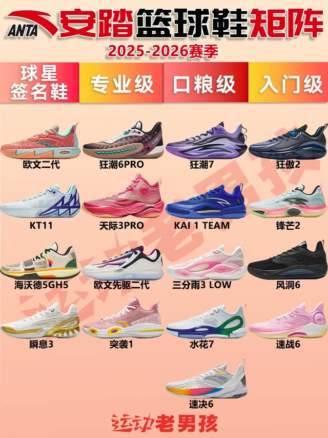 安踏篮球鞋矩阵2025：踏星而来实力悍选。安踏篮球鞋以专业运动科技与高性价比为核心，是国产运动品牌的代表。 
其核心科技包括氮科技中底（提供澎湃回弹）、缓震材料等。 
搭载A-STABLEUP防侧翻结