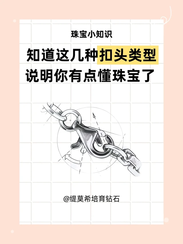 知道这几种“扣头”类型，说明你有点懂珠宝。项链这么多的扣头类型，你都知道几个？跟亮哥一起看看吧！
—
1.弹簧扣
       通过内部机关控制开合，常见于18K金、925银或合金材质的首饰。
   