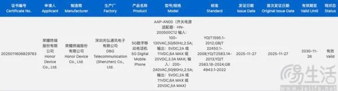 疑似荣耀GT2系列新机通过认证，支持百瓦级快充