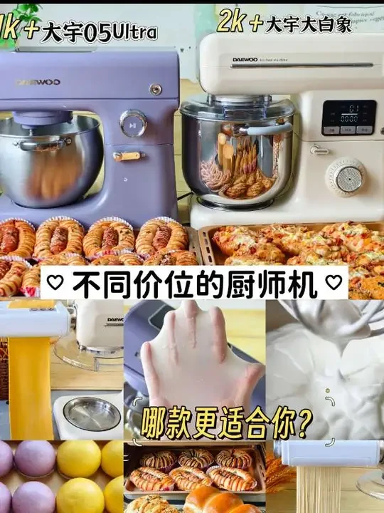 大宇两大热门厨师机💥怎么选❓️ 文案如下:
厨师机买1k＋家用款还是2k＋商用款❓️
这是很多新入坑烘焙的姐妹经常犹豫的问题❗️
💥厨师机买对不买贵👉合适自己的，才是最好的。
今天就用大宇家两款不同价