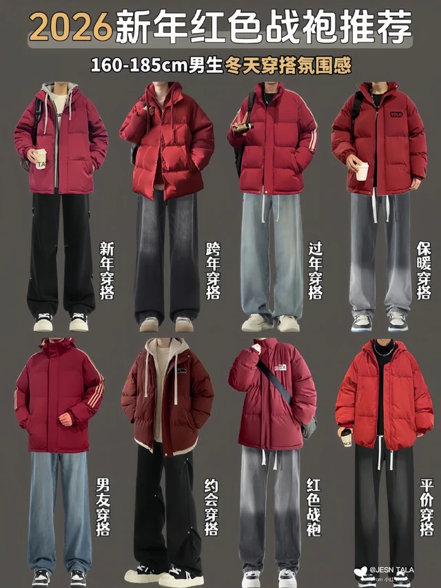 男生冬天穿搭棉服套装|新年红色系战袍推荐