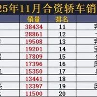 2025年11月合资轿车销量榜：轩逸领跑，燃油车市格局固化