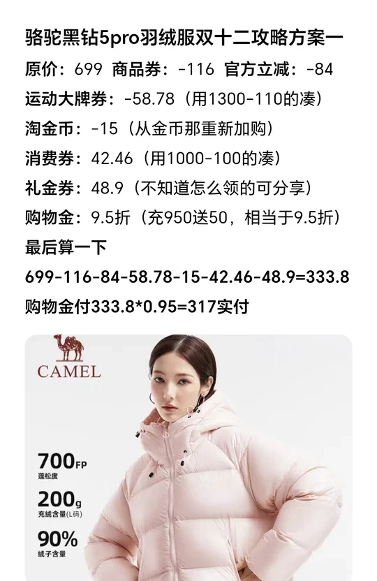 骆驼黑钻5pro羽绒服双十二方案