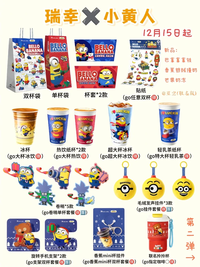 终于有人讲清楚了｜瑞幸✖️小黄人联名。⏰第一弹时间：12月15日
✨包材：双杯袋、单杯袋、杯套*2
✨饮品杯：冰杯、热杯*2、超大杯冰杯、轻乳茶纸杯
✨周边：贴纸、卷哨*5、毛绒发声挂件*3、旋转手机