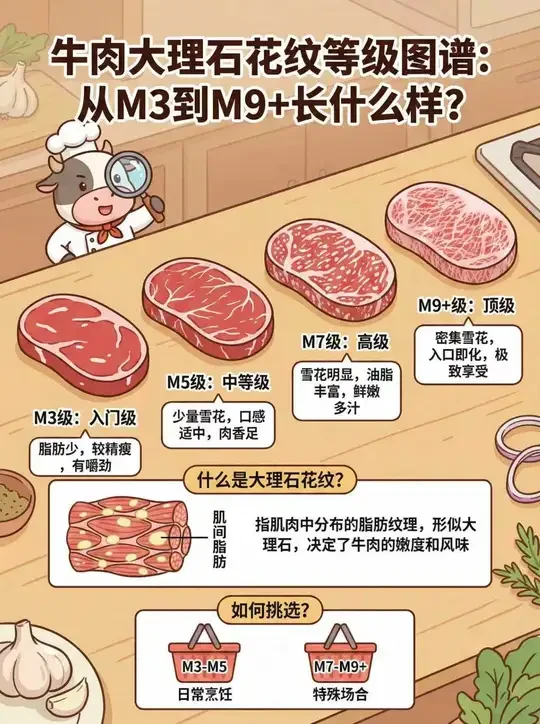 🥩一眼看懂！牛肉M3到M9+雪花等级到底差在哪