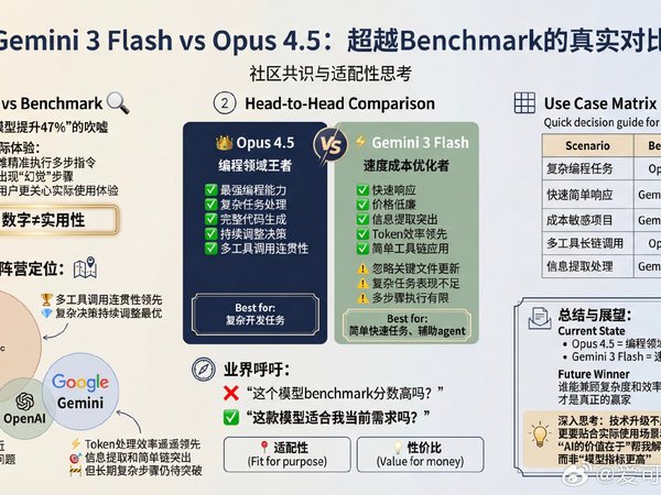 关于Gemini 3 Flash和Opus 4.5的对比，社区意见分歧，但整体趋势很清晰：1. 许多用户不在意官方benchmark数据，更关心实际使用体验。毕竟“模型提升47%”的吹嘘，现实中却仍难