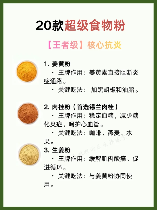 【20款超级食物粉｜把健康"泡"着喝！】
懒人养生党集合！这些超级食物粉才是内调王者💪
💛抗炎组：
姜黄粉+黑胡椒=天然消炎Y
肉桂粉控糖 生姜粉暖胃
抹茶粉抗氧化力超维C60倍
💜美肤组：
巴西莓粉