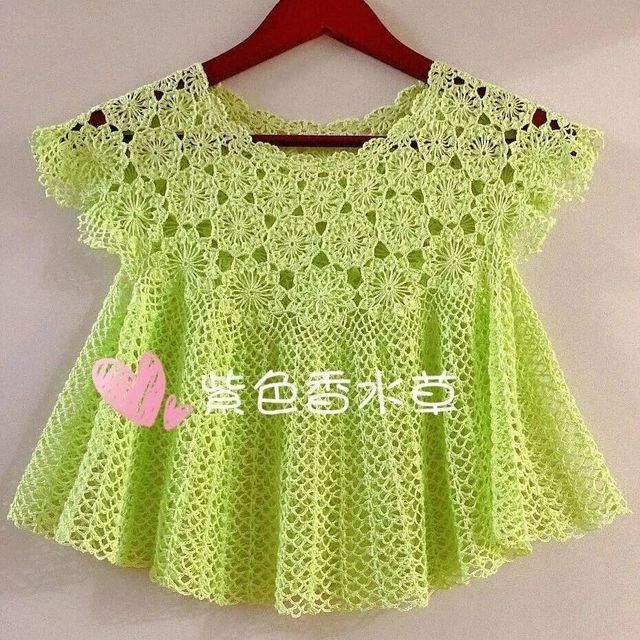 青衿：清新果绿色儿童钩针短袖套头衫（有编织图解）
