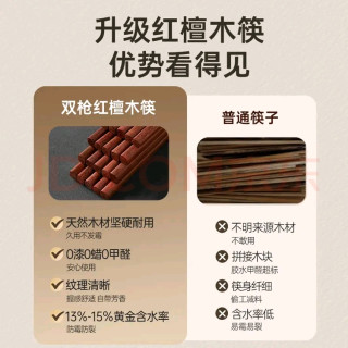 双枪红檀木筷子天然抗菌木筷 家用实木无漆无蜡筷子餐具套装10双