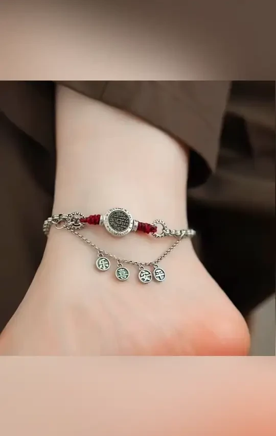 925银脚链 山鬼花钱脚链女复古平安喜乐红绳脚踝链防过敏小众设计#925银脚链 #山鬼花钱脚链 #复古脚链 #防过敏饰品 #小众设计