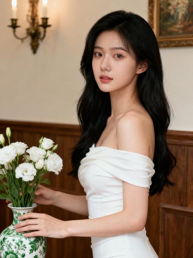 白色一字肩修身连衣裙，眉眼清冷又温柔，氛围感拉满