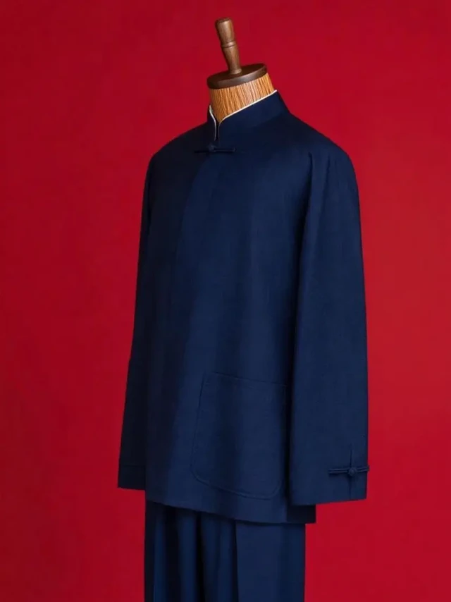 新中式男装｜一套藏青色，穿出五千年的沉稳与锋芒
藏青色本身就自带书卷气，但剪裁用了现代立体工艺，肩线做得特别挺，腰身收得恰到好处——不紧绷也不松垮，是那种“有风骨”的瘦。
最让我心动的是细节：
🔹 盘