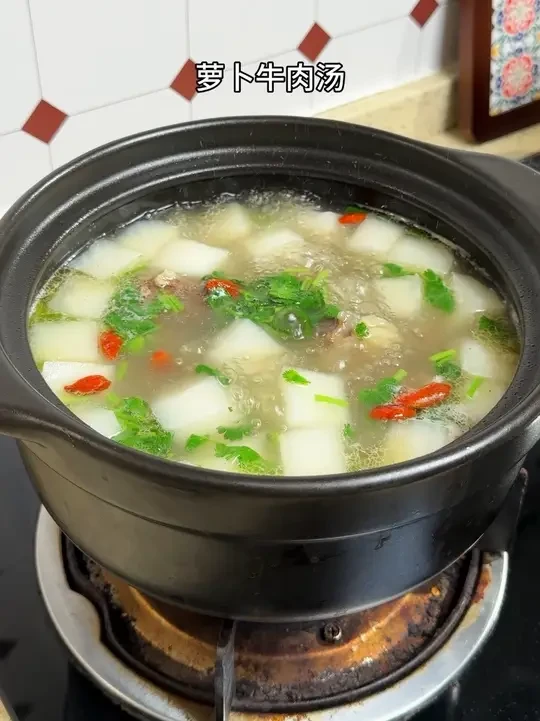 冬天家人喜欢吃这个萝卜牛肉汤，清甜的萝卜软烂的牛肉，喝上两碗汤太舒服了～