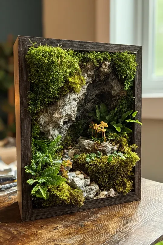 胡桃木植物画框｜岩壁+苔藓+蕨类微景观