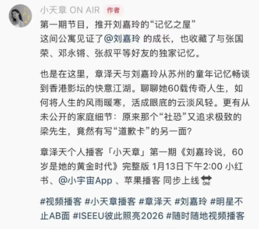 章泽天播客《小天章》上线:首期对话港风女神刘嘉玲