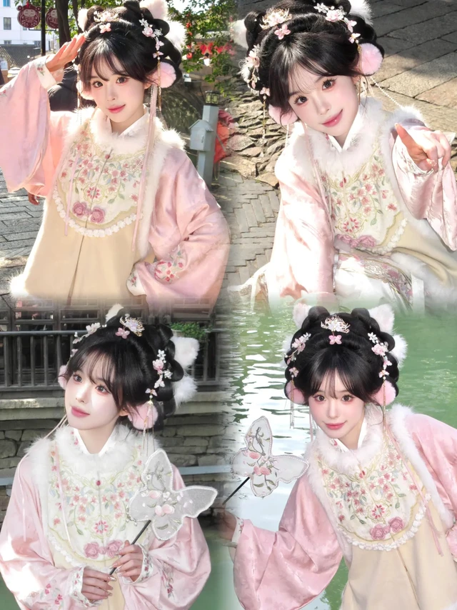 冬日粉嫩毛绒汉服也太甜了吧！