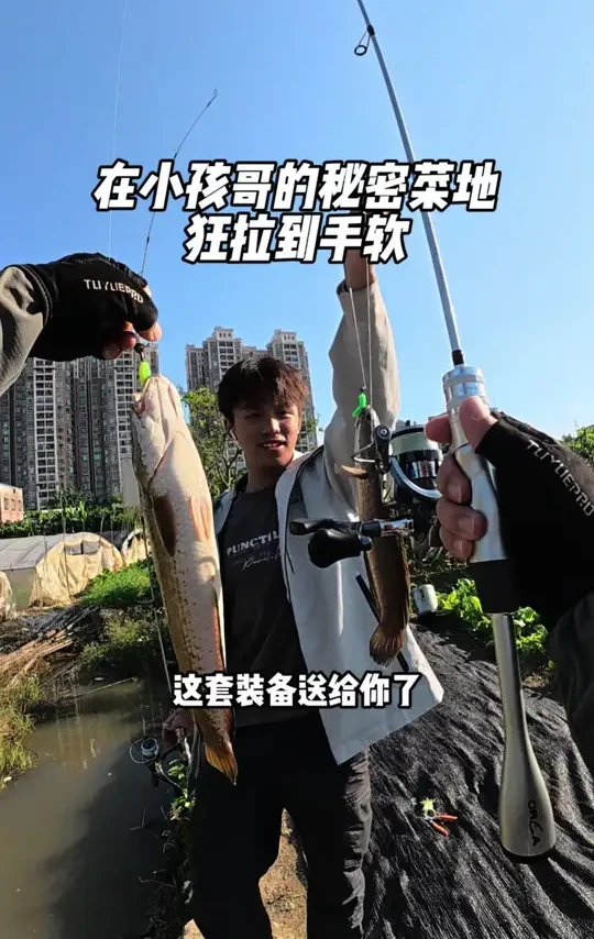 小孩哥发现神秘菜地带我去钓鱼没想到真么多。89元一套的路亚套装，竿轮线饵一套配齐到手就能玩#路亚 #路亚之路 #路亚新手 #路亚装备搭配 #路亚野钓