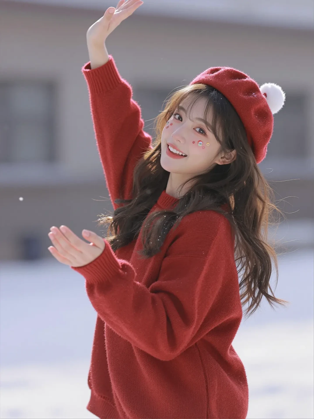 AI冬日人像:生成雪地红衣少女大片