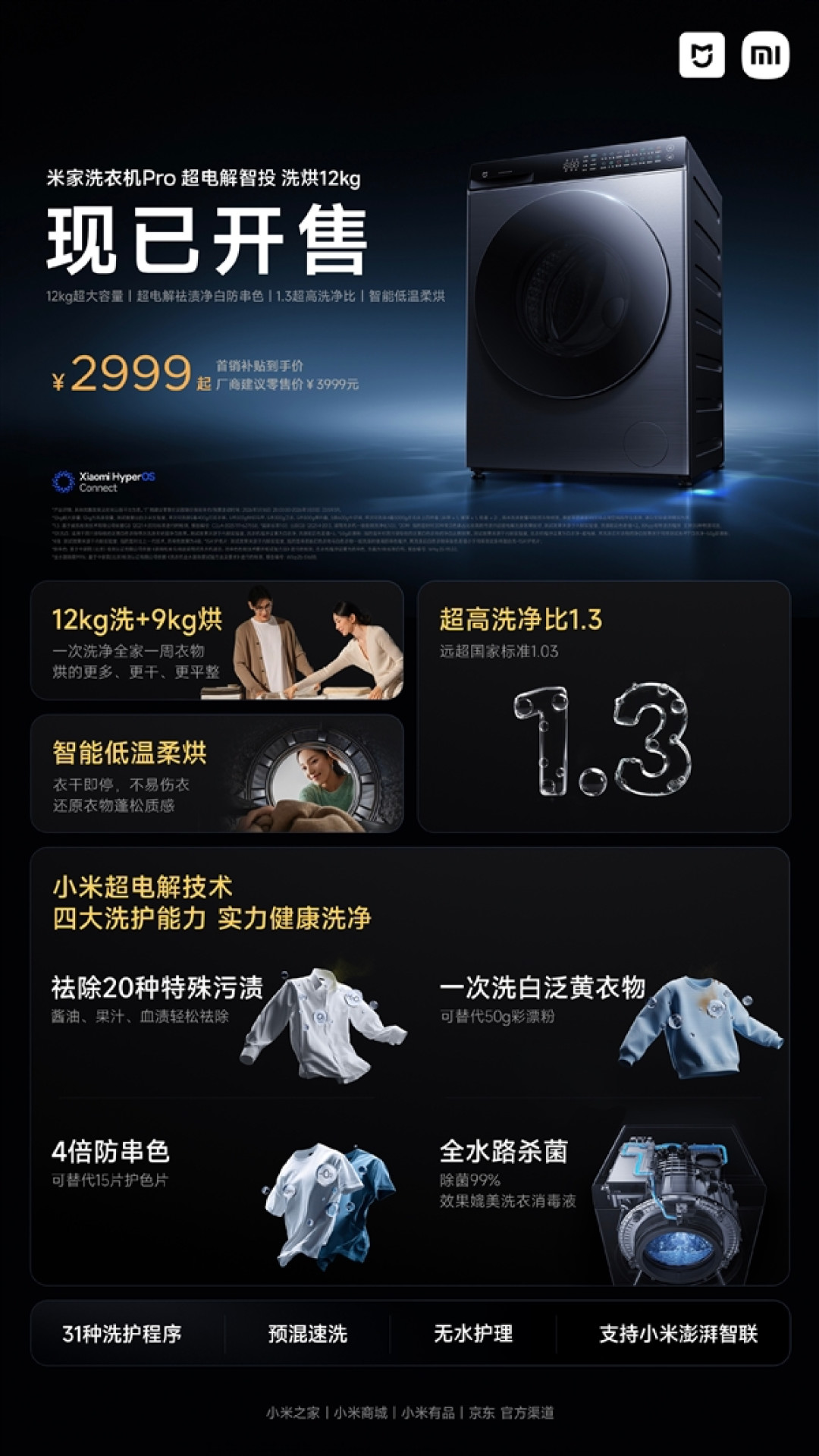 2999元!米家洗衣机Pro超电解智投洗烘12kg开售:一次洗白泛黄衣物