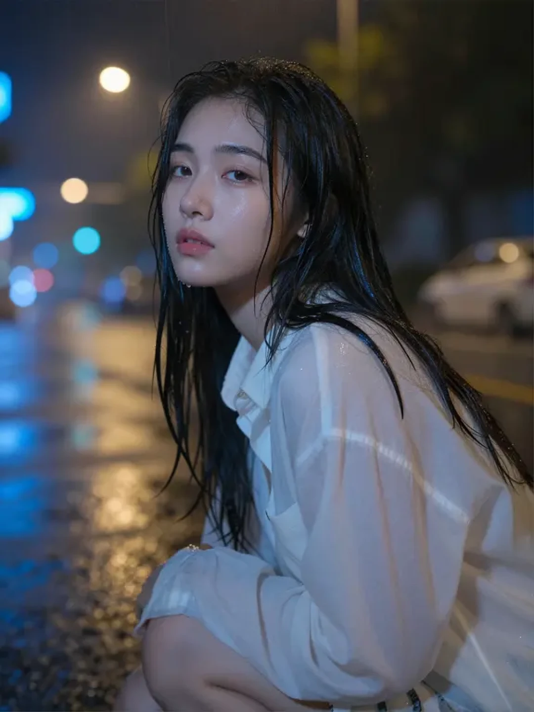 AI人像提示词分享｜雨夜氛围感有一点难过