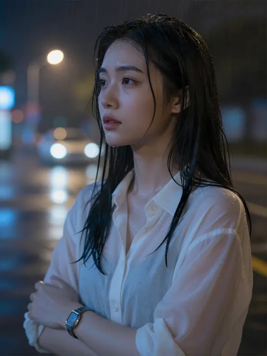 AI人像提示词分享｜雨夜氛围感有一点难过