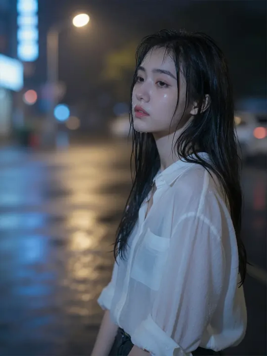 AI人像提示词分享｜雨夜氛围感有一点难过