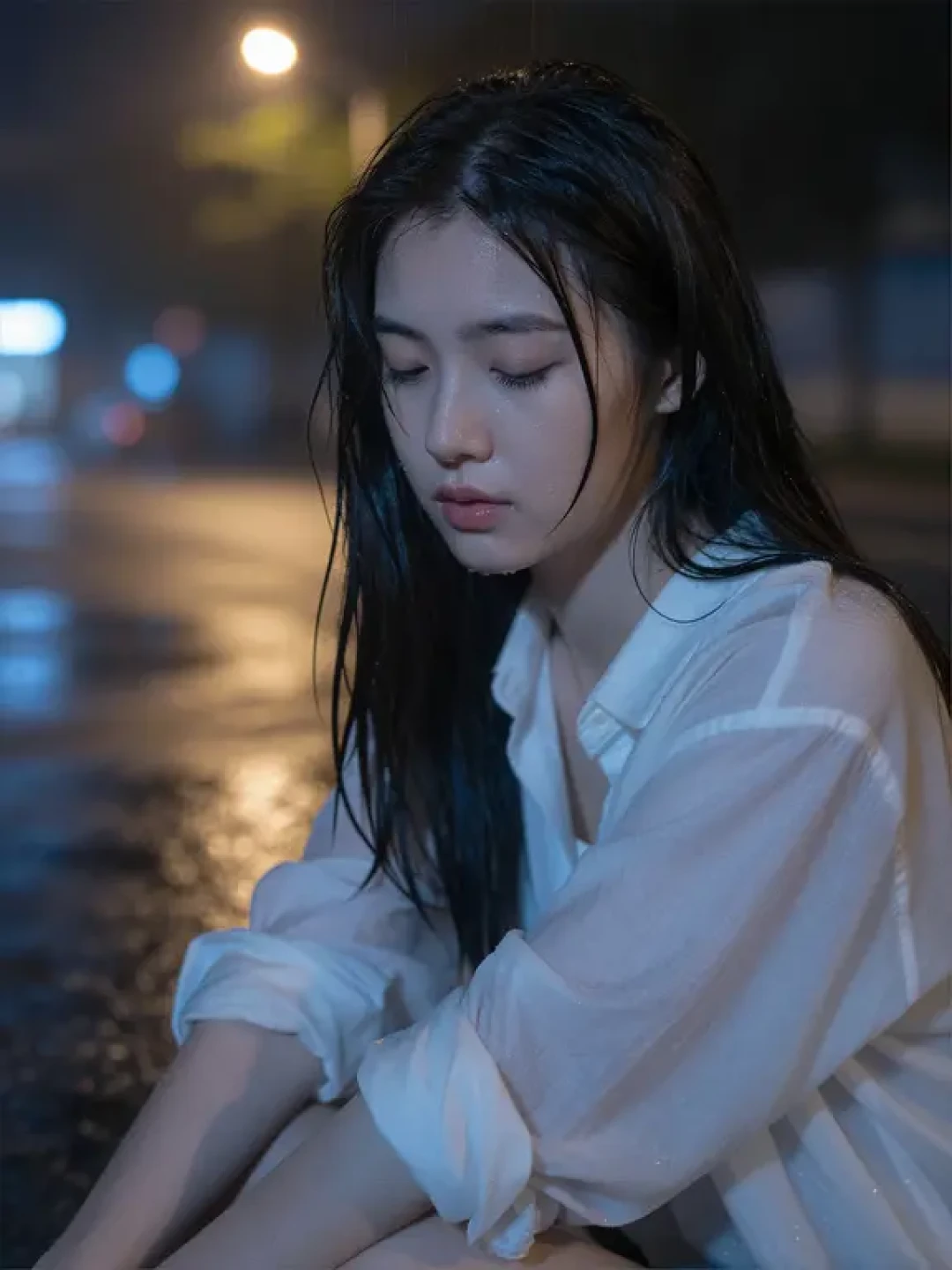 AI人像提示词分享｜雨夜氛围感有一点难过