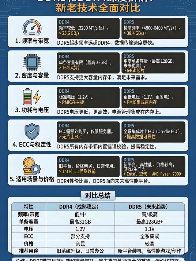 一图看懂DDR5和DDR4的根本区别，新老技术的全面对比。