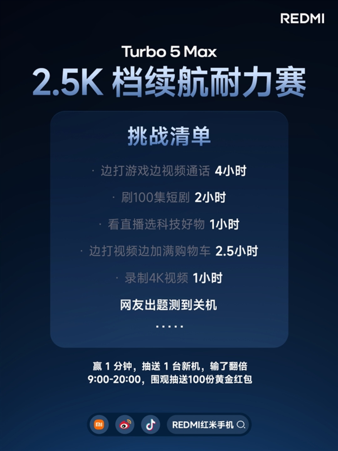 9000mAh挑战友商10000mAh!REDMI Turbo 5 Max续航耐力赛正式开赛