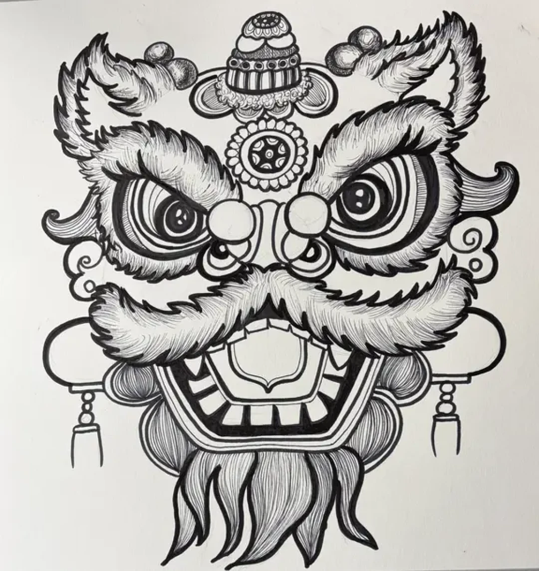 创意线描《醒狮纳福》左滑详细步骤图+线稿