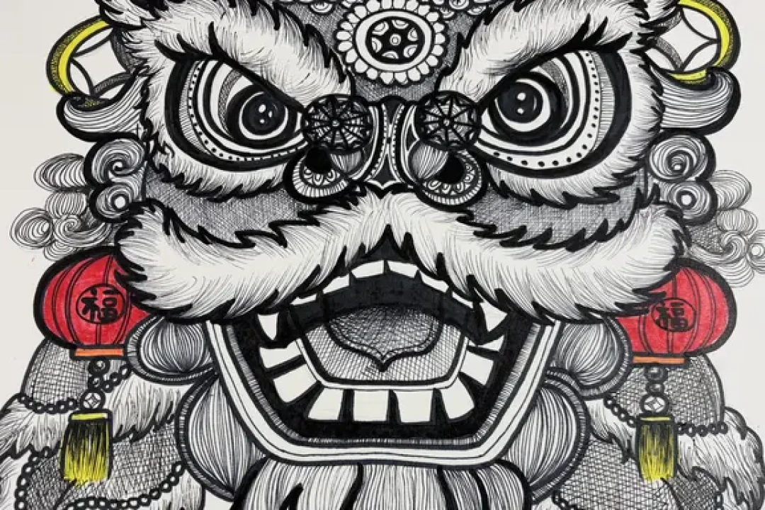 创意线描《醒狮纳福》左滑详细步骤图+线稿