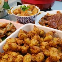 母女二人午餐,好吃的油炸素萝卜丸子、苹果炖猪排、油炸带鱼,美了