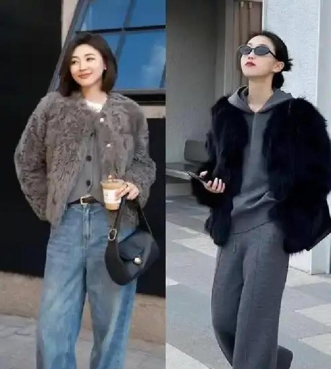 “皮草外套+牛仔裤”，冬天这么穿太美太时髦了
