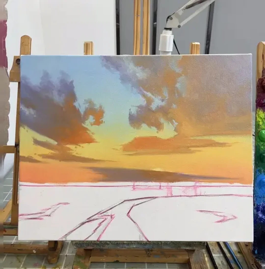 旷野黄昏油画|把天边的霞光定格在画布上🌇
